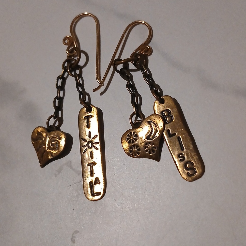 "Total Bliss" Script Dangle Earrings 2" Bronze Heart